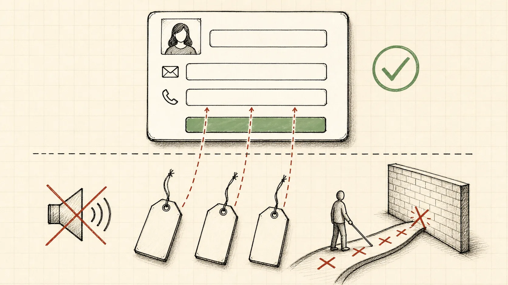 A web form that looks clean and checked on top, with a hidden layer underneath showing a silenced screen reader, labels hanging loose and unconnected to the fields, and a person walking a crossed-out path into a wall