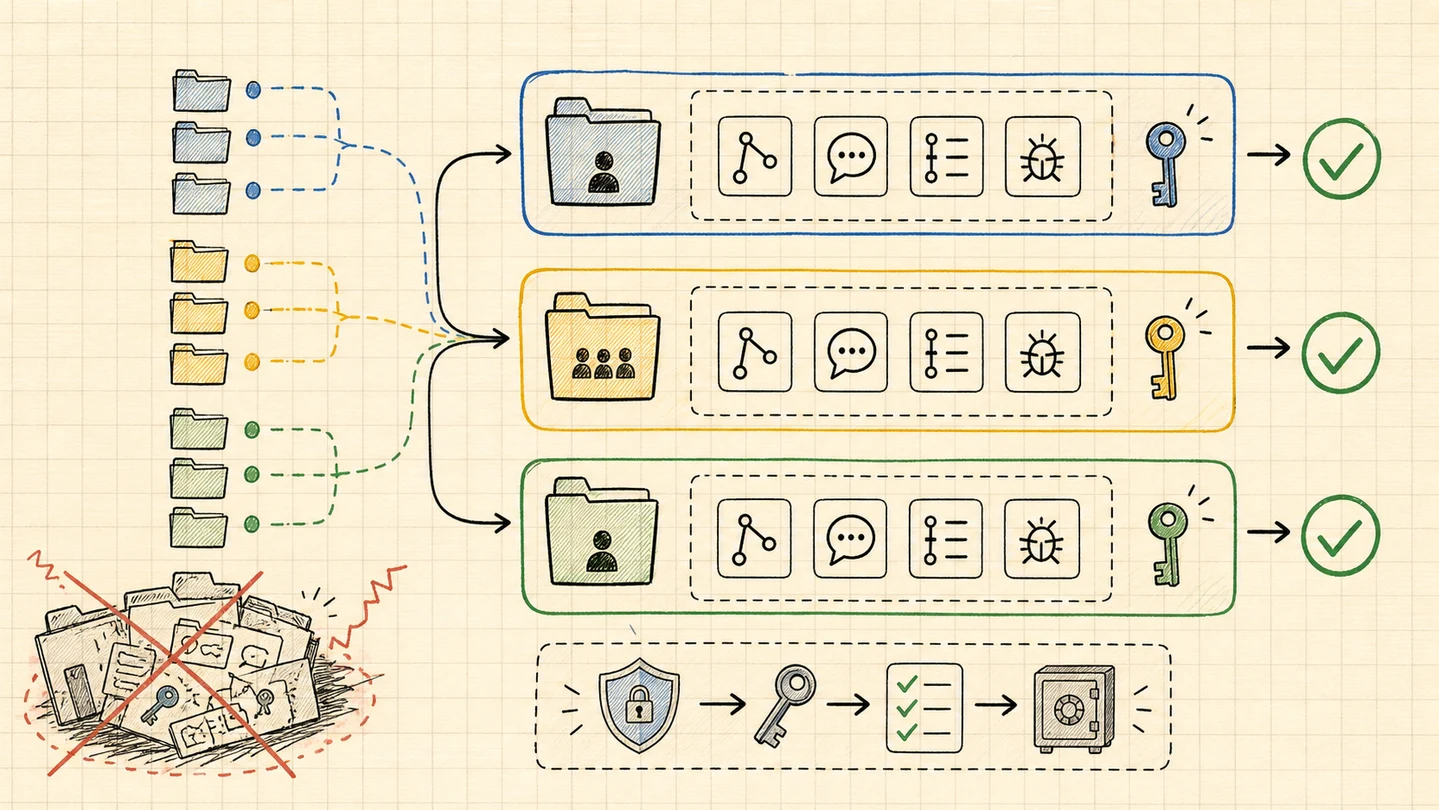 A notebook diagram showing many project folders flowing into separate reusable Claude Code profiles with isolated tool credentials