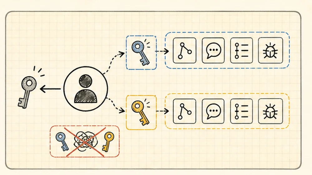 A notebook diagram showing one Claude account using separate MCP credential sets for different services