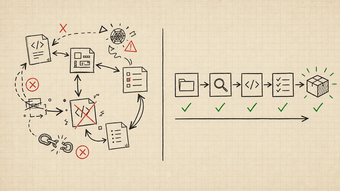 A notebook diagram comparing a messy patch loop with a clean verified shipping path