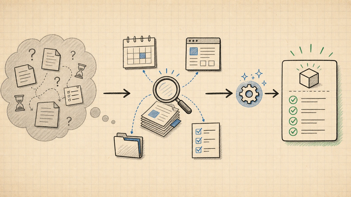 A notebook diagram showing stale assumptions moving through search and verification into a clean implementation