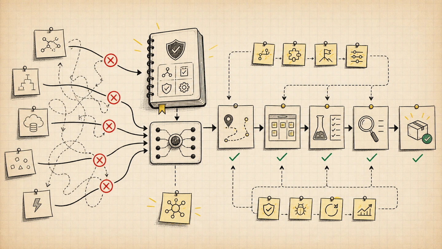 A notebook diagram showing shortcuts blocked by project rules and routed through planning, testing, review, and shipping