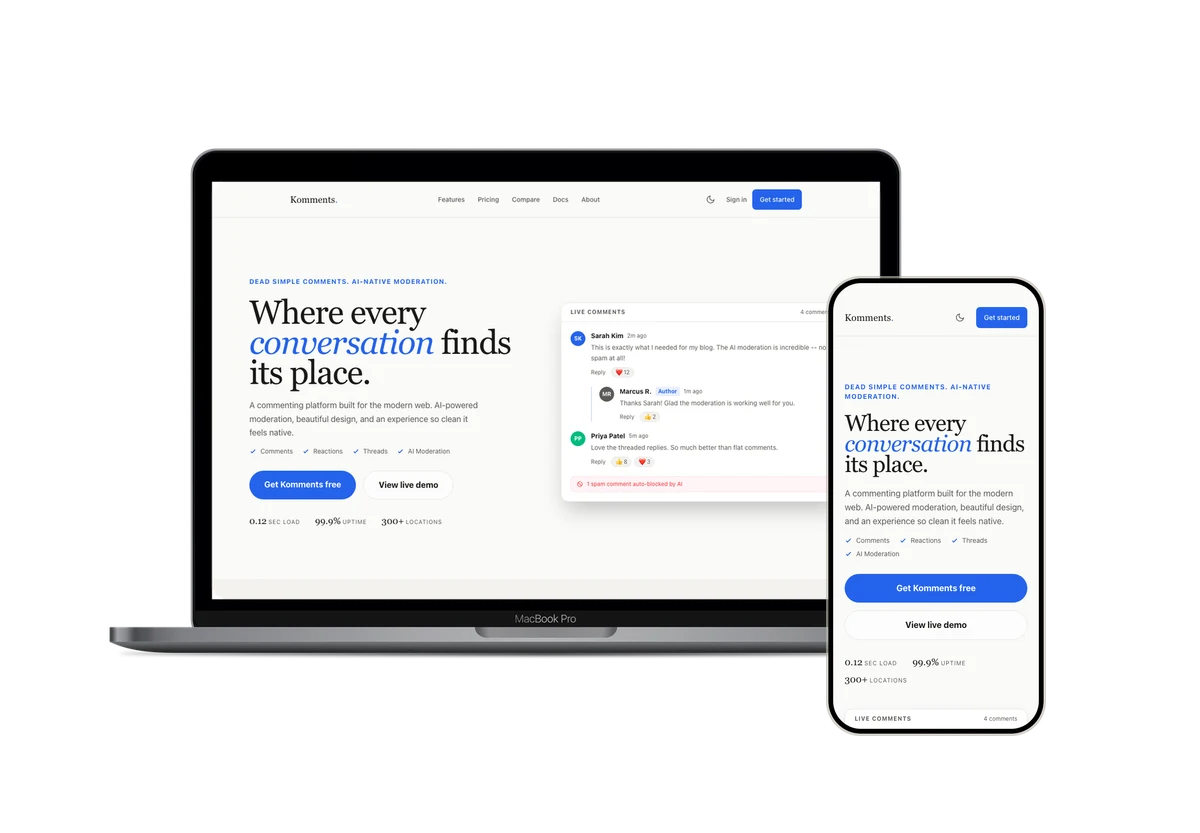 Komments public homepage shown inside laptop and phone frames